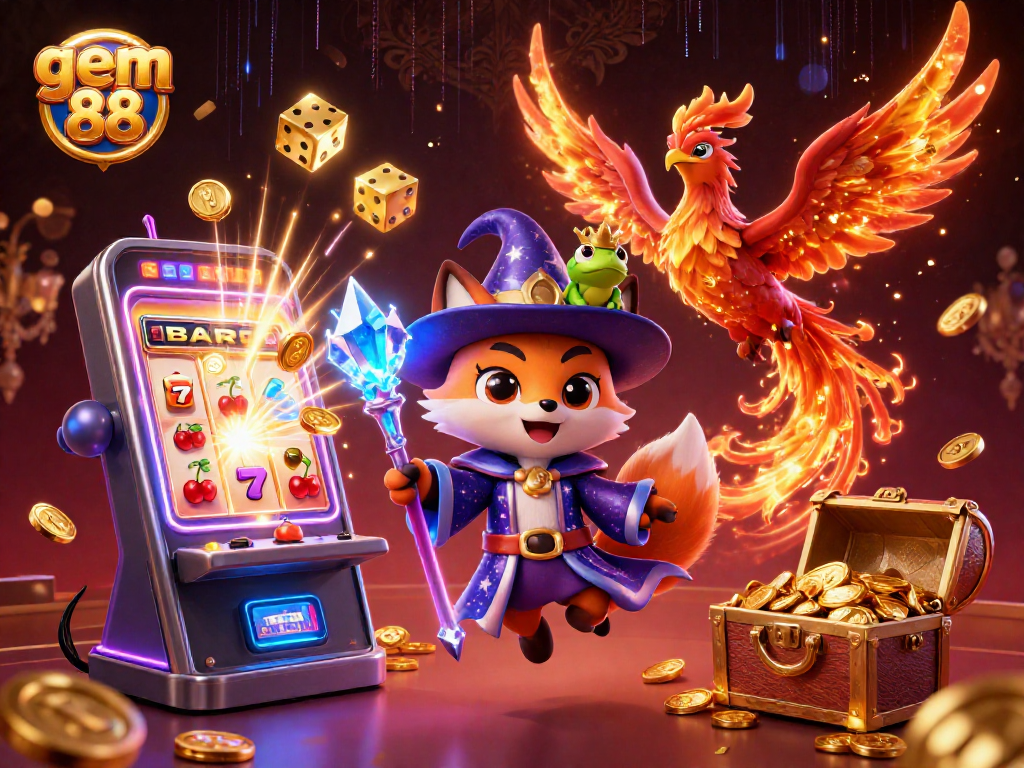 Experience the thrilling gems of gem 88 with a mystical wizard and phoenix in this vibrant casino illustration.