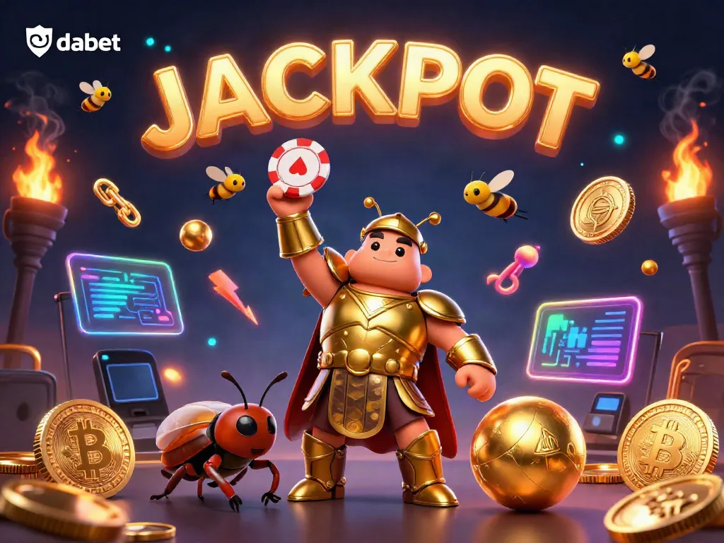 Engage with dabet's dynamic casino adventure featuring a beetle in gold armor lifting a poker chip amidst vibrant gaming elements.