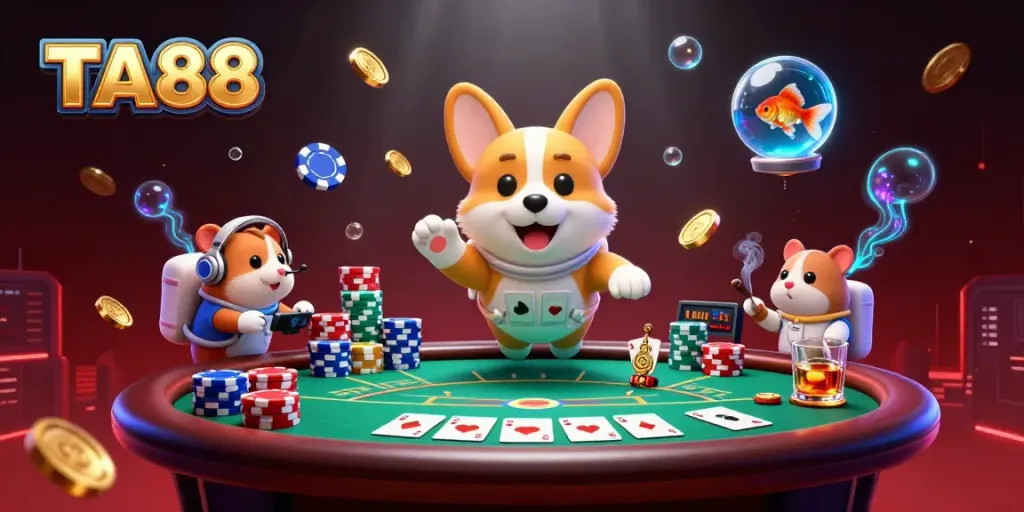 Experience the exciting casino atmosphere at TA88 with poker-themed characters and floating chips.