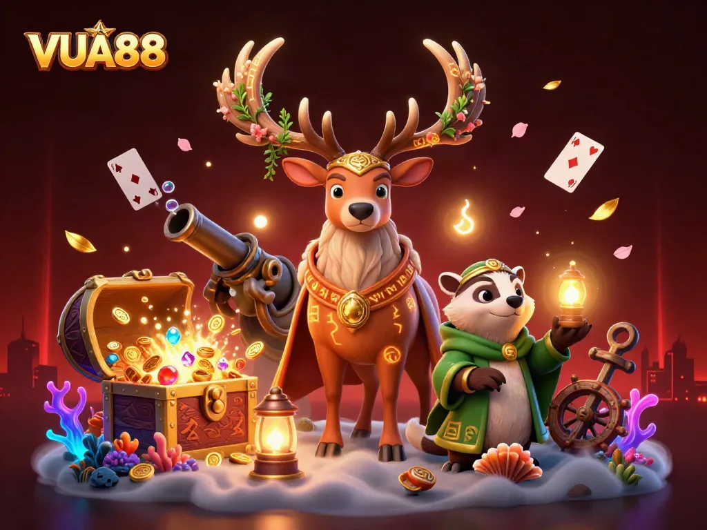 Experience the captivating world of VUA88 with a vibrant 3D casino illustration showcasing dynamic gaming elements.