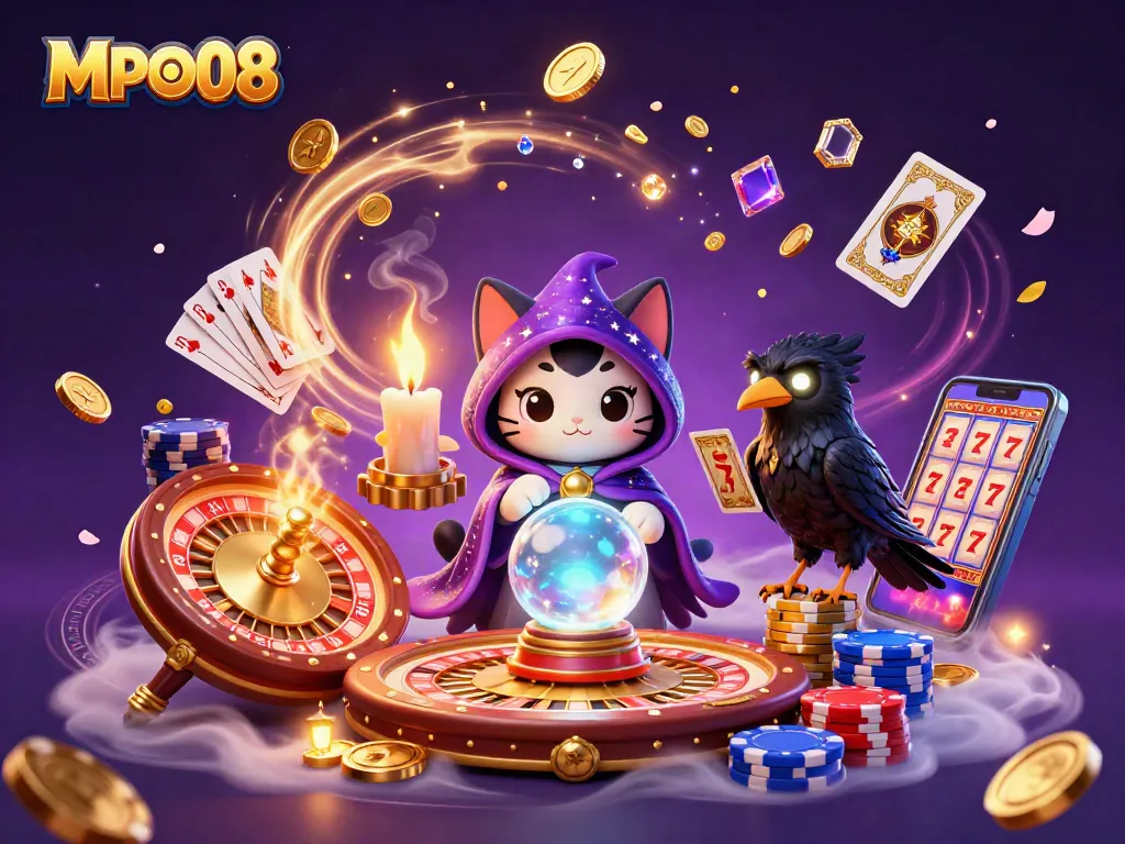 MPO08 captivates with a vibrant casino scene featuring a mystic cat, a raven, and magical elements.
