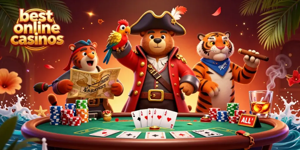 Experience thrilling action at the best online casinos with a pirate captain and fierce tiger in a vibrant poker scene.