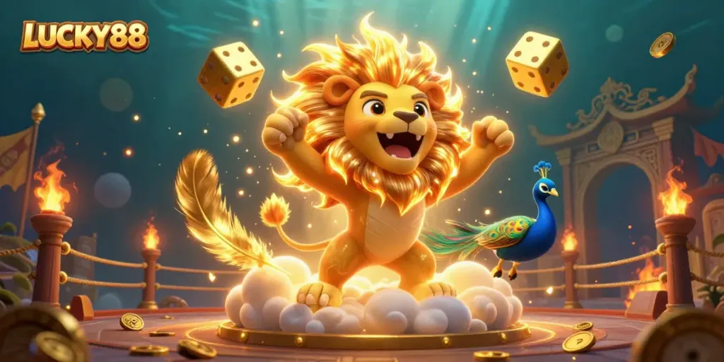 Experience the thrill of LUCKY88 with golden dice and a roaring lion in a vibrant casino scene.