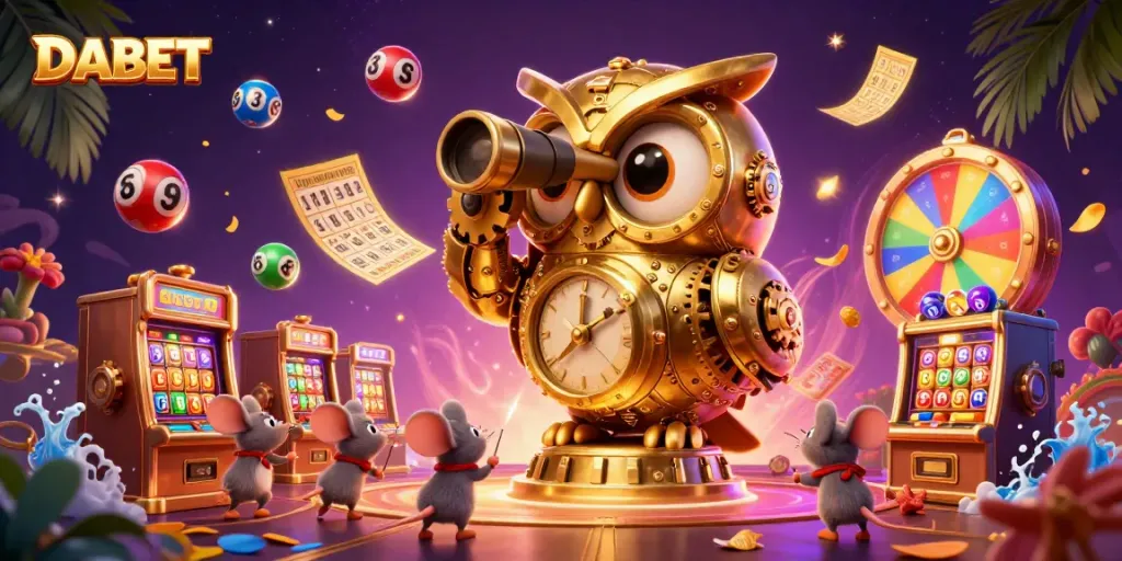 DABET crafted a vibrant casino scene showcasing a golden owl and lively mouse patrons amongst colorful gaming elements.