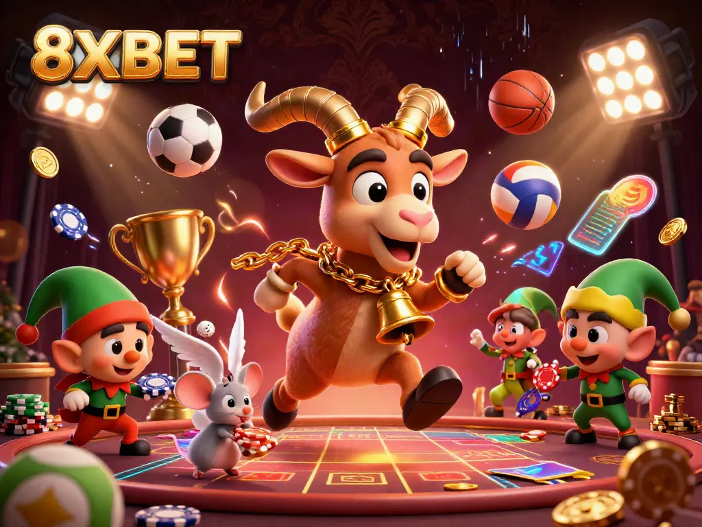 Experience thrilling gameplay at 8XBET with a vibrant casino scene featuring animated characters in a dynamic atmosphere.