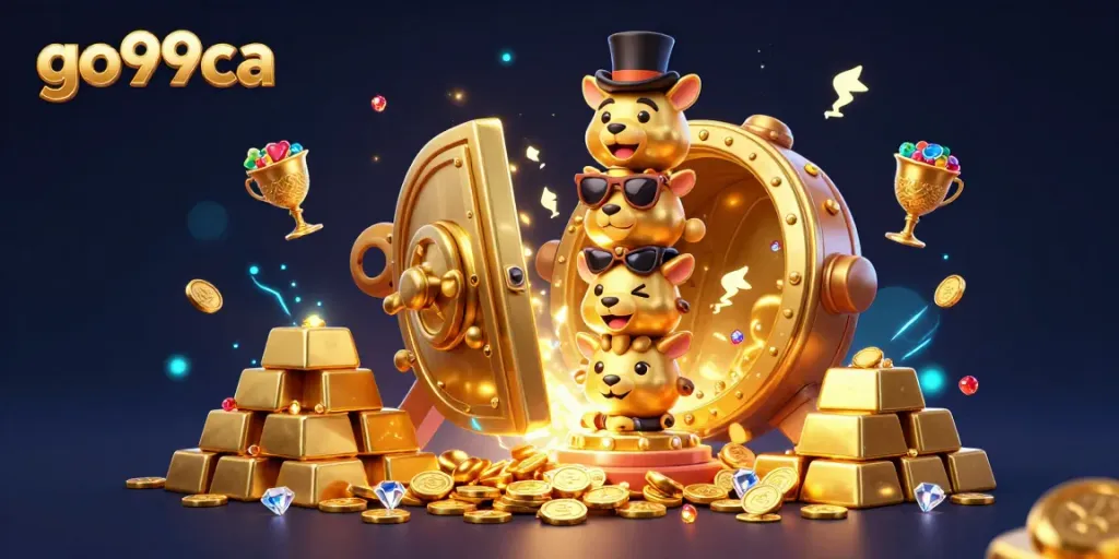 Explore the exciting world of go99ca with animated 3D casino elements and golden treasures.