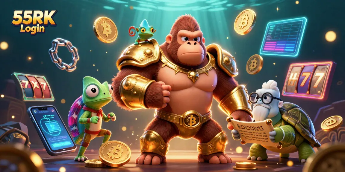 Engage with 55RK Login for thrilling casino gameplay with a lively gorilla and colorful characters.