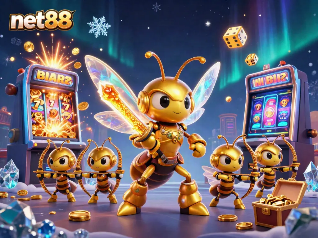 Experience winning strategies at net88 with a vibrant 3D scene of a golden hornet and casino excitement.