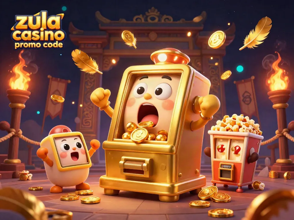 Zula Casino promo code reveals fun bonuses as slot machines celebrate a jackpot with golden coins.