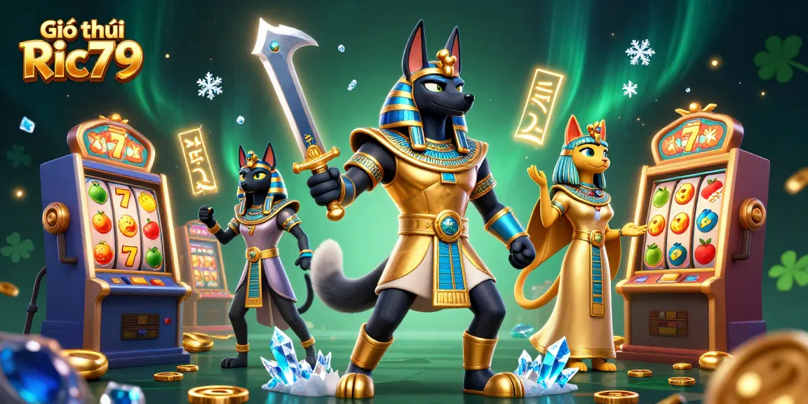 Engage in the thrilling world of Giới thiệu Ric79 featuring Anubis and Bastet amidst vibrant slot machines.