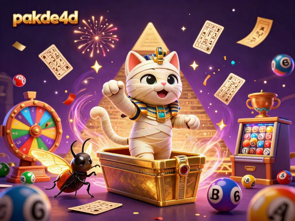 Feeling the thrill in pakde4d's pyramid casino with vibrant lottery balls and a captivating mummy.