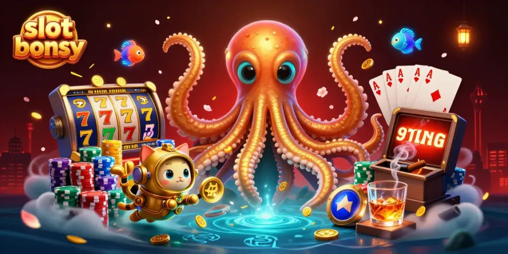 Experience thrilling slot bonus action with a vibrant kraken and diving cat in a bustling casino setting.