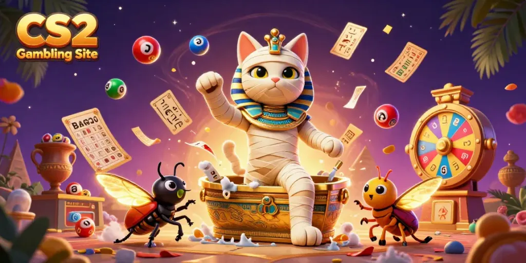 CS2 Gambling Site vividly depicting a cartoon mummy cat and scarab beetle amidst thrilling casino elements.