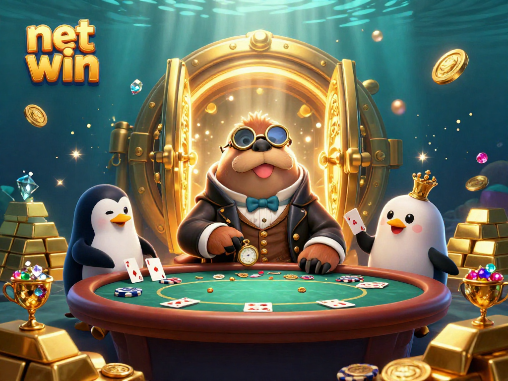 Experience the thrill of net win at an underwater poker game with vibrant casino elements.