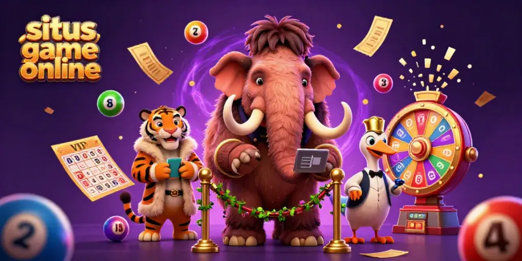 Engage in exciting gaming fun with our dynamic 'situs game online' casino scene featuring cartoon characters and a vibrant atmosphere.