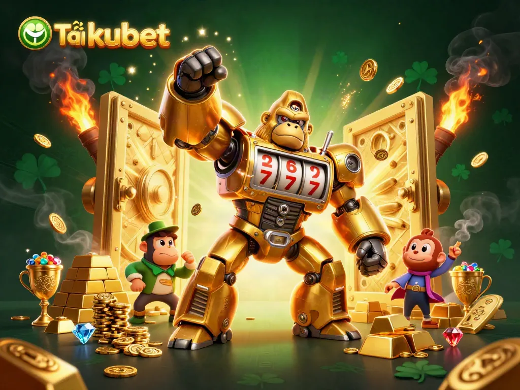 Experience thrilling gameplay with Tải kubet, featuring a dynamic 3D gorilla mech amidst treasures.