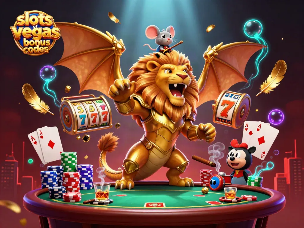 Win big with slots of vegas bonus codes in this vibrant casino scene filled with golden armor and poker chips.