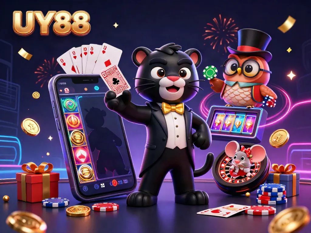 Deal cards at UY88 with a stylish black panther, an elegant owl, and a lucky mouse.