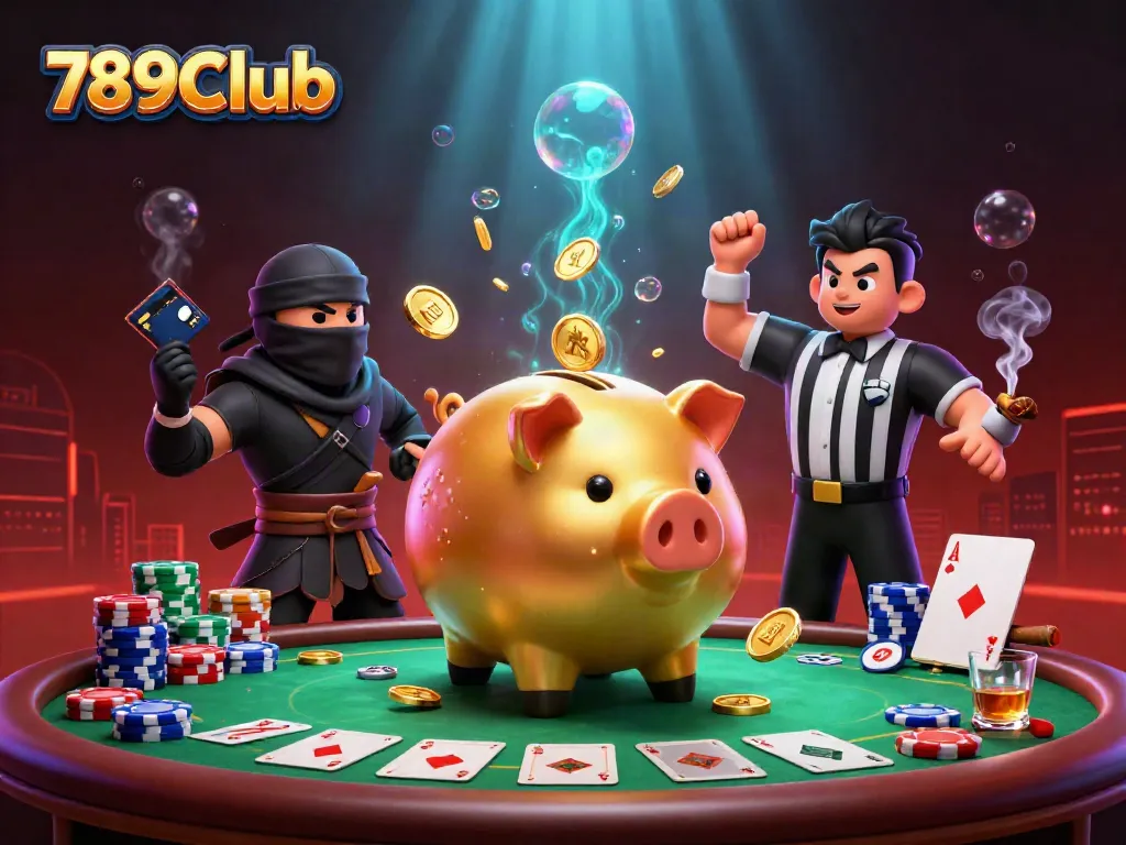 Engage with 789Club: A dynamic scene featuring gaming action with playful portrayals of a golden piggy bank and ninjas.
