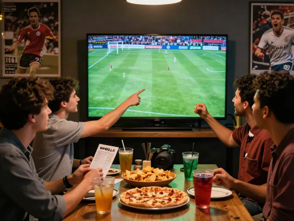 WWBOLA betting experience with friends celebrating a football match in a lively sports bar.