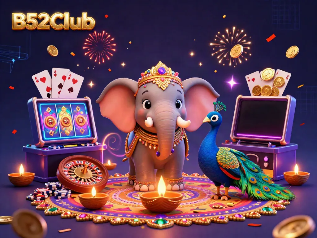 B52Club offers vibrant gameplay with rich rewards and engaging activities, featuring a playful elephant and colorful slot games.