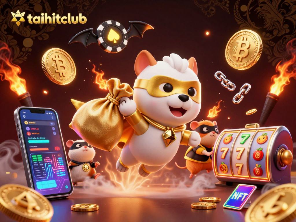 Engaging casino scene featuring taihitclub's superhero dog among vibrant slot reels and crypto elements.