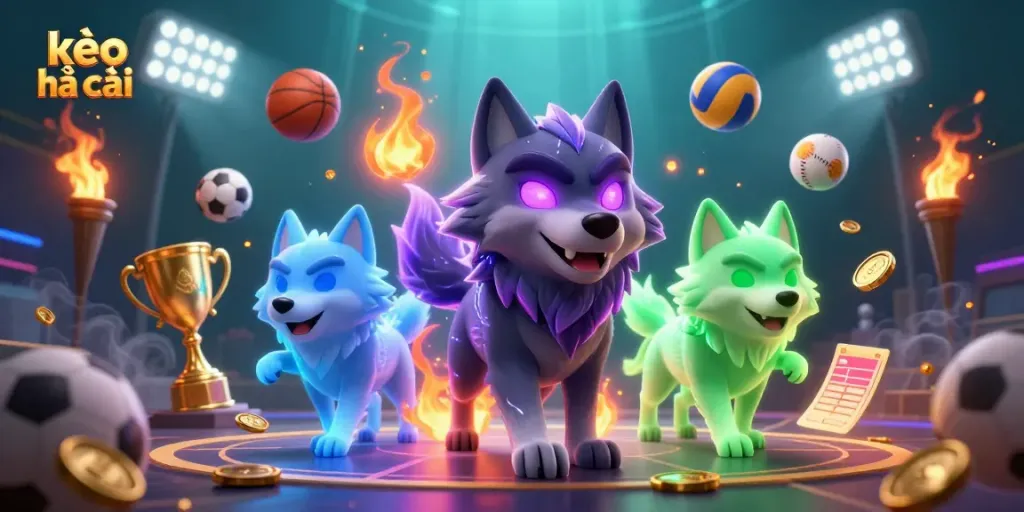Experience kèo nhà cái with the vibrant shadow wolf leader in a packed sports betting scene filled with dynamic elements.
