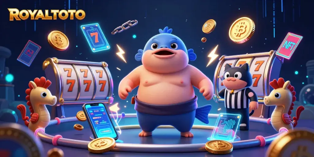 Engage with ROYALTOTO's vibrant slot gaming scene featuring dynamic characters and glowing crypto elements.