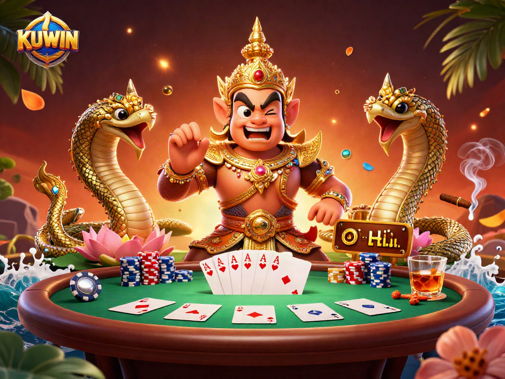 Play exciting games at KUWIN online casino featuring vibrant characters and poker elements.