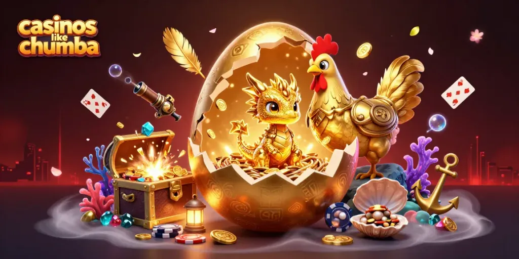 Engage with casinos like Chumba featuring a baby dragon on poker chips and vibrant game elements.