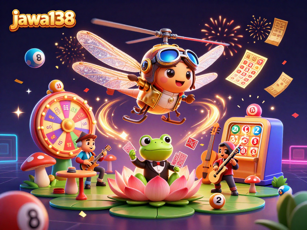 Engage in exhilarating gameplay with jawa138, featuring a vibrant casino scene with dragonfly pilot and frog dealer.