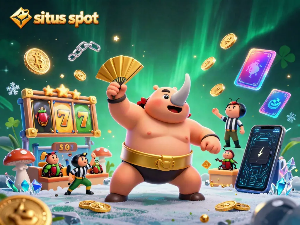 Situs slot scene showcasing a sumo champion beetle amidst flying coins and vibrant slot gaming elements