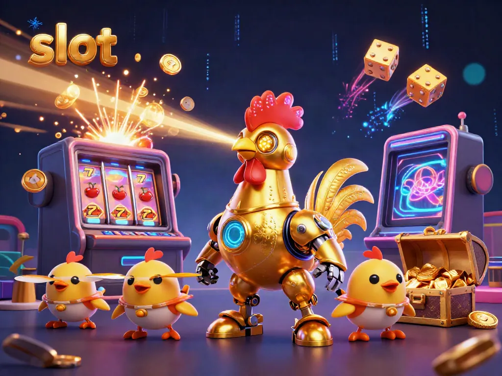 Experience thrilling slot action with a golden rooster robot blasting laser beams, amidst jackpot excitement.