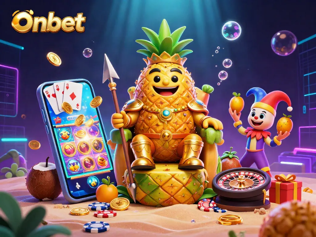 Win at Onbet with this colorful beach casino scene featuring a pineapple king and engaging game elements.
