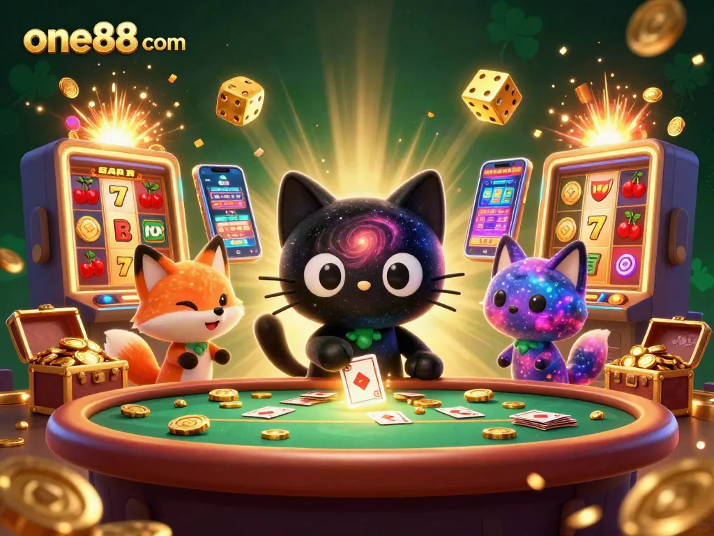 Experience the thrilling action of one88 com, showcasing a cosmic casino table with explosive jackpots and engaging characters.