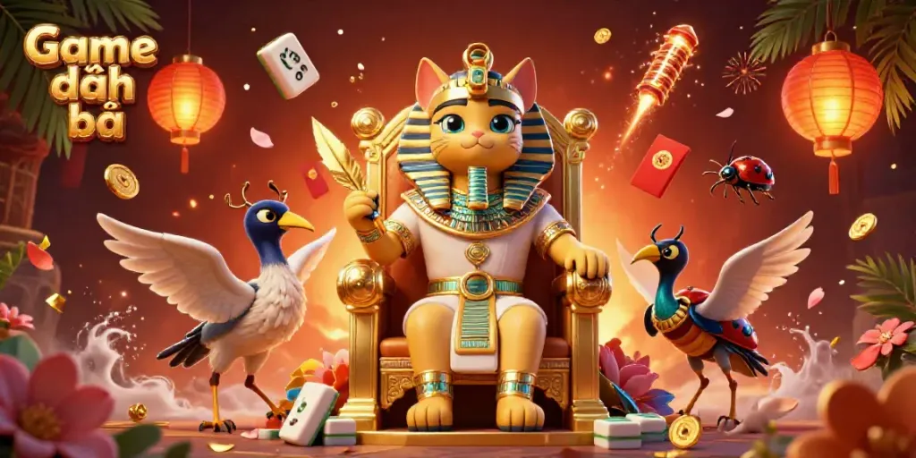 Engage in the colorful world of Game đánh bài with a pharaoh cat, lanterns, and festive elements.