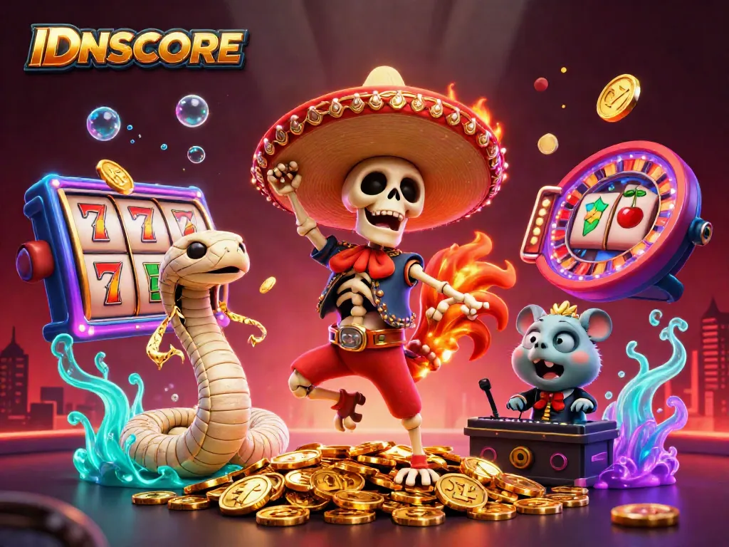 IDNSCORE showcases a vibrant online casino scene with characters and slot elements celebrating a jackpot win.