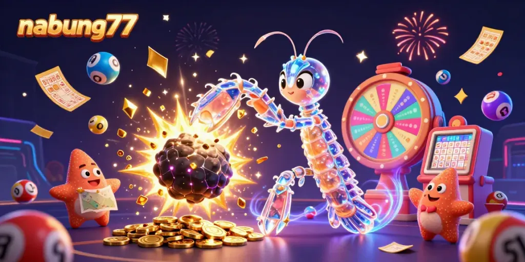Engage with nabung77's vibrant gambling world filled with colorful lottery elements and dynamic characters.