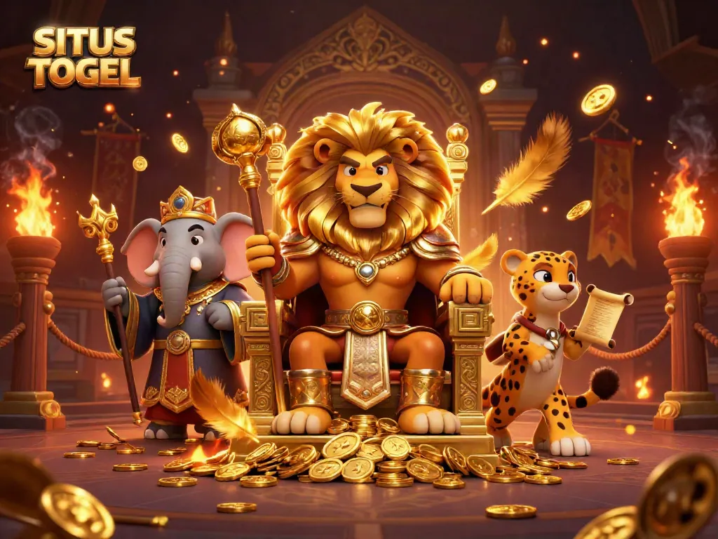 Gambarlah SITUS TOGEL yang menggambarkan singa raja dengan mahkota emas dan gajah bijak di dunia perjudian.