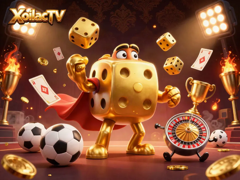 XoilacTV sports betting scene with a golden dice golem, dynamic sports balls, and vibrant lighting effects.