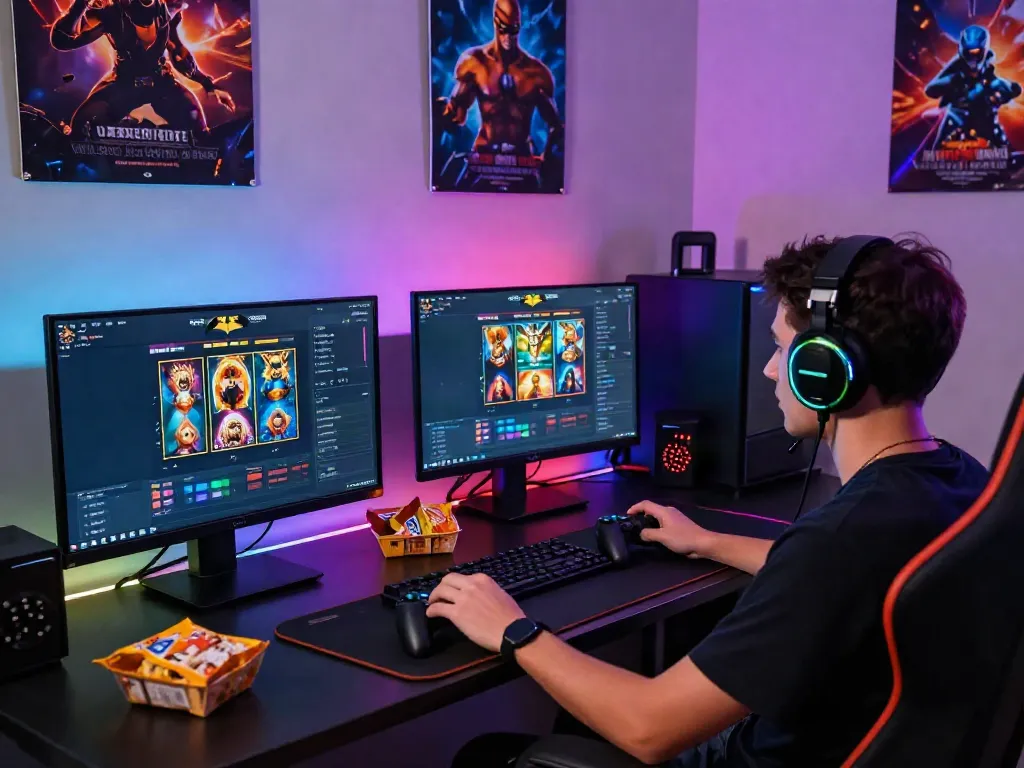 A gamer enjoying the batman138 slot experience at a high-tech gaming setup.