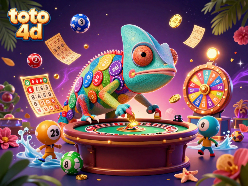 Toto 4D illustration featuring a chameleon casino owner and lottery elements, creating a vibrant gaming scene