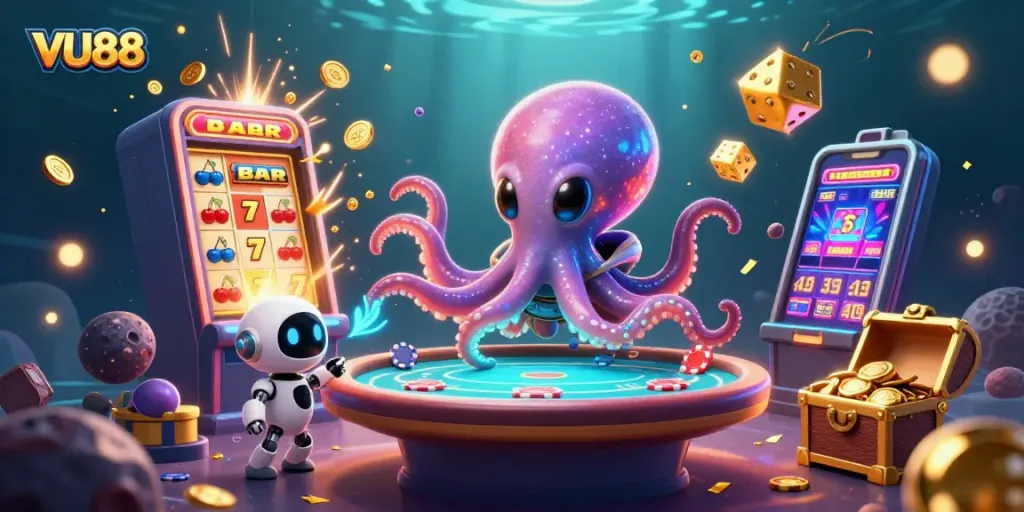 Experience thrilling gaming at VU88, featuring an exciting holographic poker table and dynamic slot machine action.