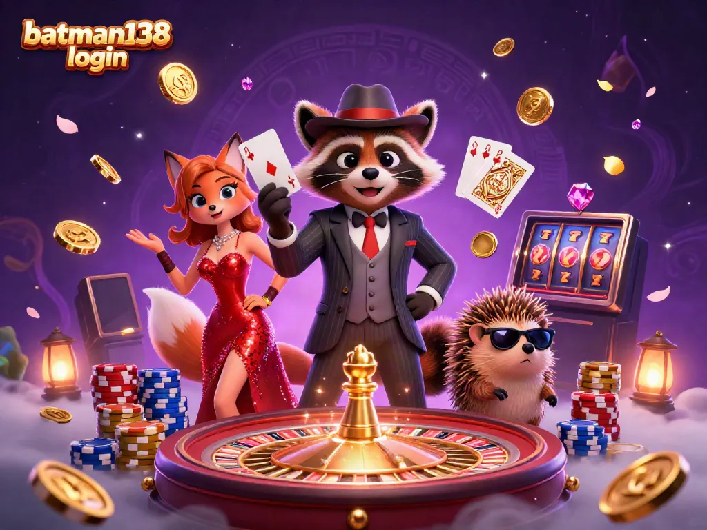 Experience the excitement of batman138 login with dynamic characters and a vibrant casino scene full of action.