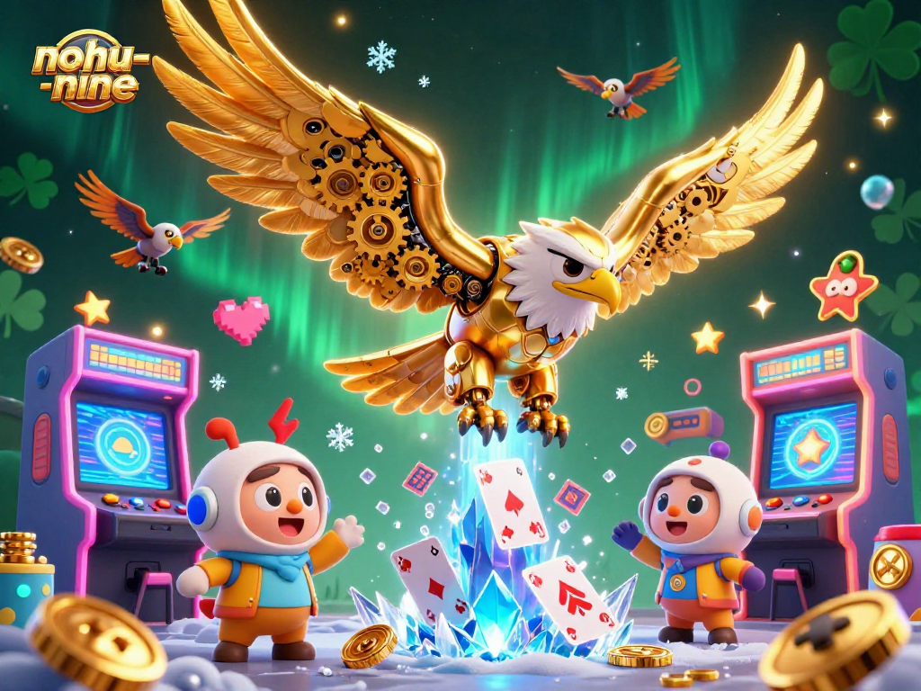 Experience thrilling nohu-nine gameplay with a cybernetic eagle diving through holographic cards.