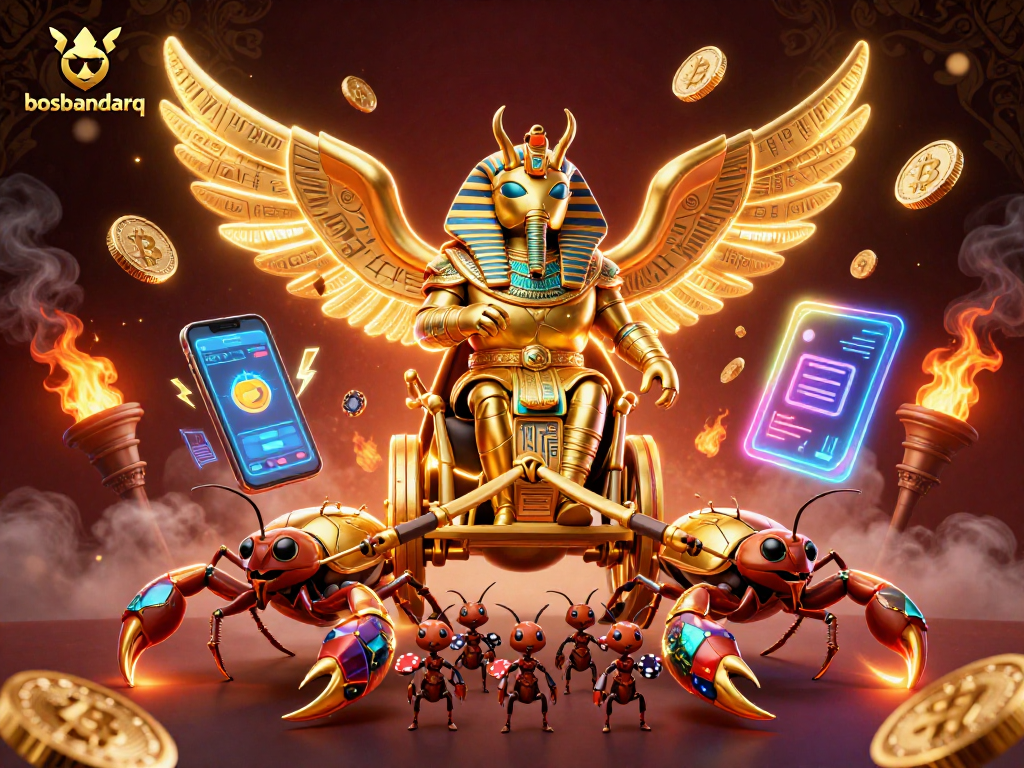 Experience vibrant gameplay at bosbandarq as the golden scarab rides a chariot with scorpions amid crypto coins and poker action.