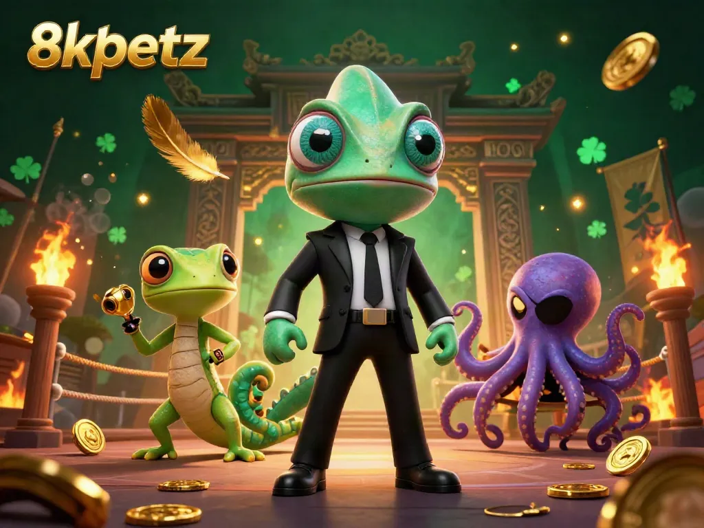 Engage in thrilling gameplay at 8xbetz with dynamic casino elements featuring a stylish chameleon, high-tech gecko, and villainous octopus.