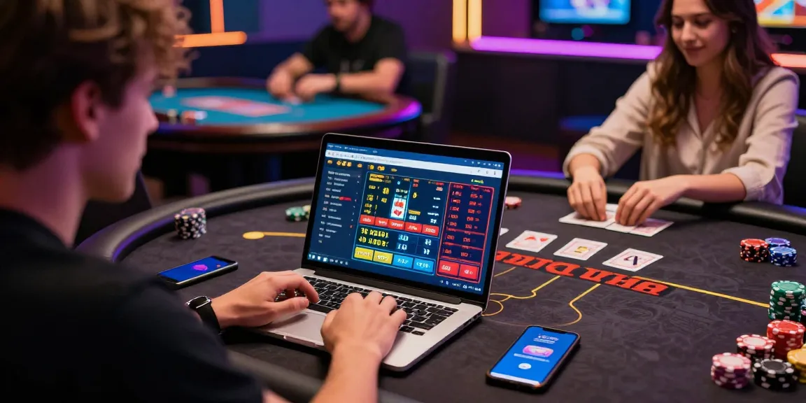 Situs toto betting scene with players engaging on laptops and vibrant casino atmosphere.