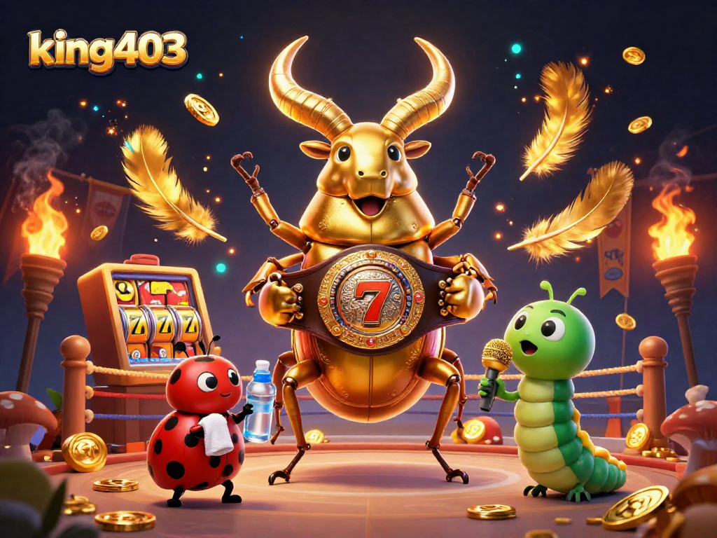 Experience king403's vibrant casino action with a dynamic scene featuring a giant beetle and gaming elements.