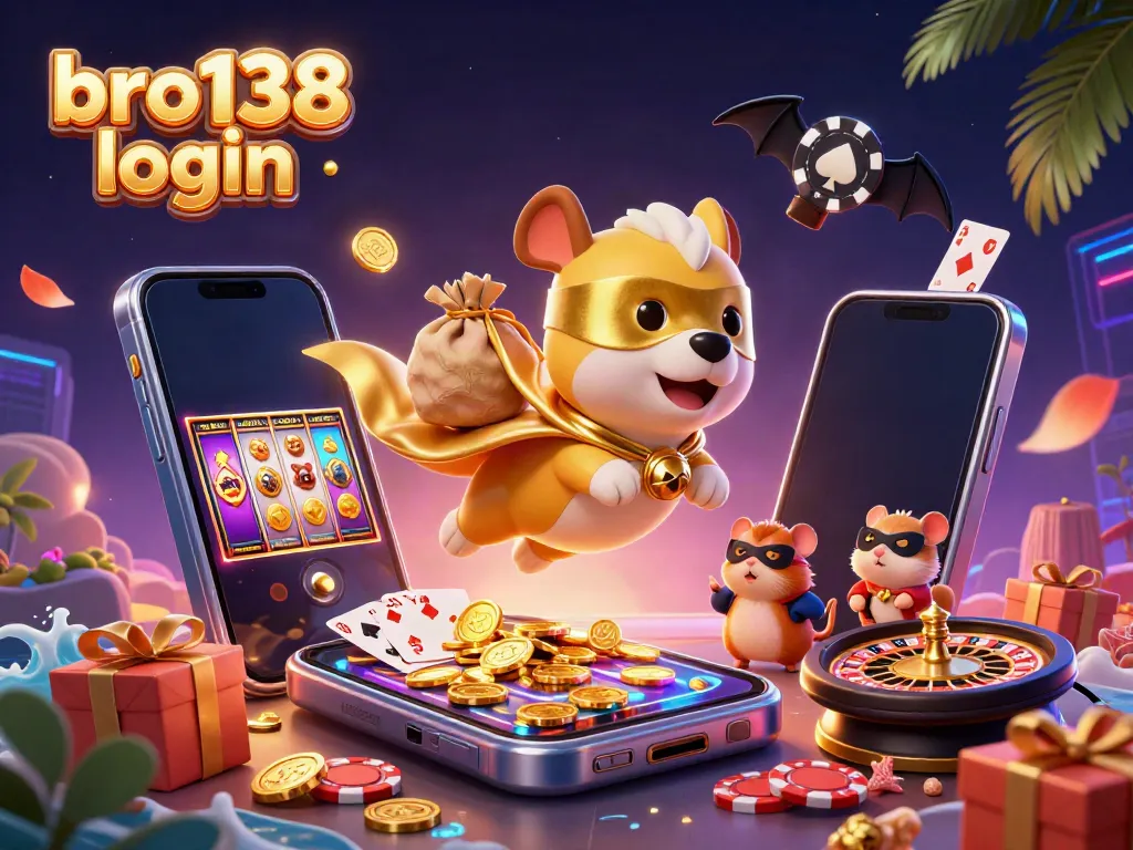 Experience excitement with bro138 login as a superhero dog flies with gold coins in a vibrant casino scene.
